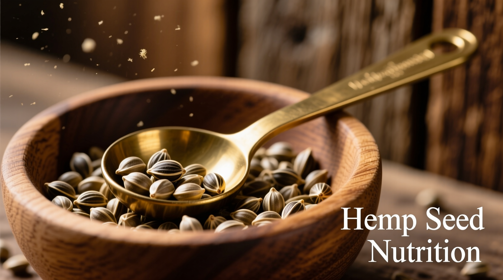 Close-up of hemp seeds in a wooden bowl with measuring spoon