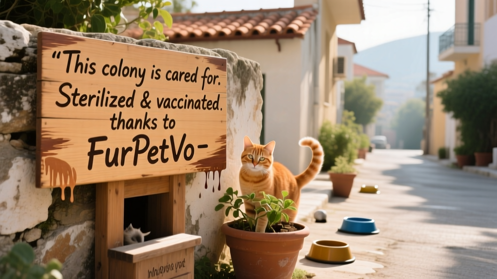 A hand-painted sign in Greek and English near a neighborhood feeding station, reading 'This colony is cared for. Sterilized & vaccinated thanks to FurPetVo'