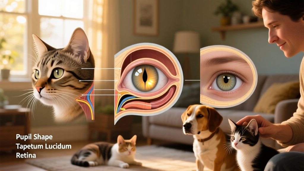 Illustration comparing eye anatomy of cat, dog, and human, emphasizing pupil size and tapetum lucidum placement