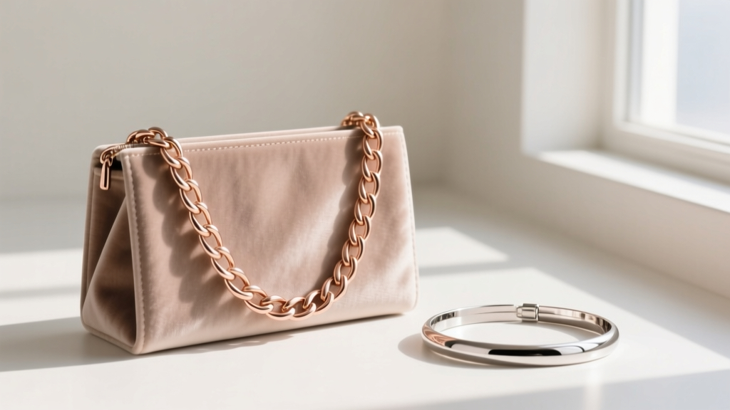 Velvet organizer showing an 18-inch rose gold chain hung vertically to prevent tangling, beside a coiled 16-inch platinum choker.