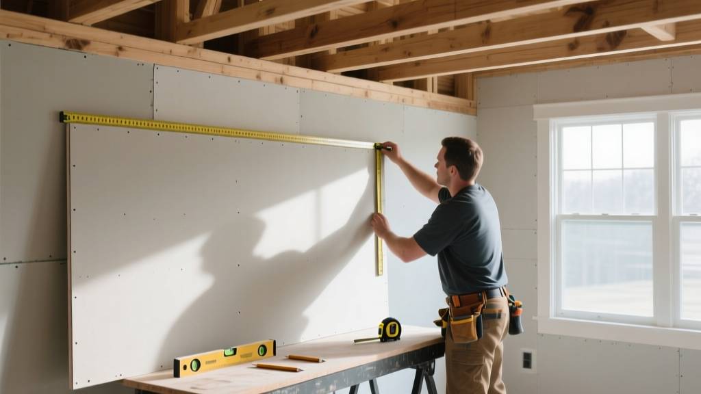 Contractor measuring a 4x12 sheet of half-inch gypsum board against a framed 10-foot ceiling joist in a residential new build