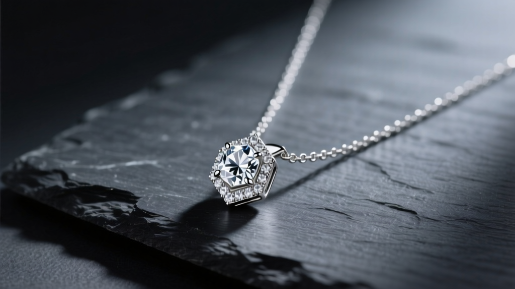 Sterling silver Isadora necklace with pavé cubic zirconia pendant resting on dark slate under soft, moody directional lighting
