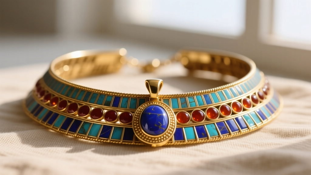 Macro shot of an Egyptian Wesekh collar necklace with gold cloisonne, vibrant lapis lazuli, and carnelian inlays.