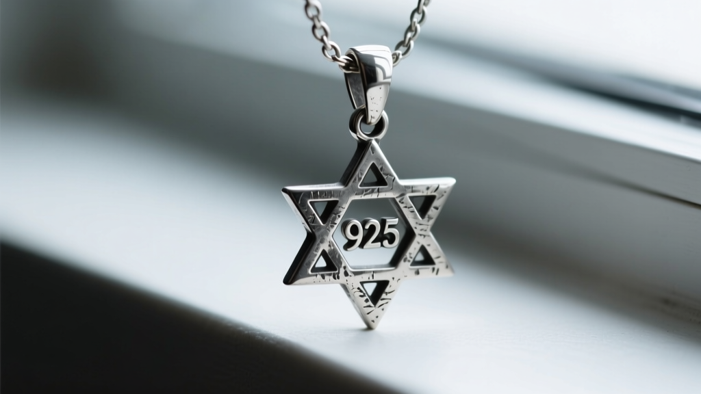 Macro photo of a 925 silver hallmark on a Star of David necklace bail, showing the aged dark silver patina and textured metal.