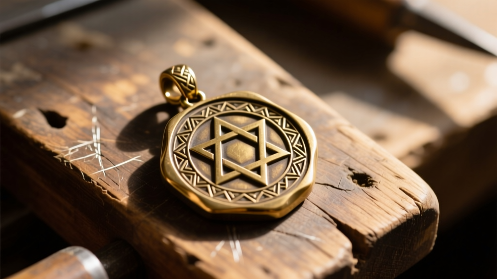 Macro shot of hand-engraved brass Seal of Solomon pendant showing tool marks and patina on a rustic wooden jeweler workbench top