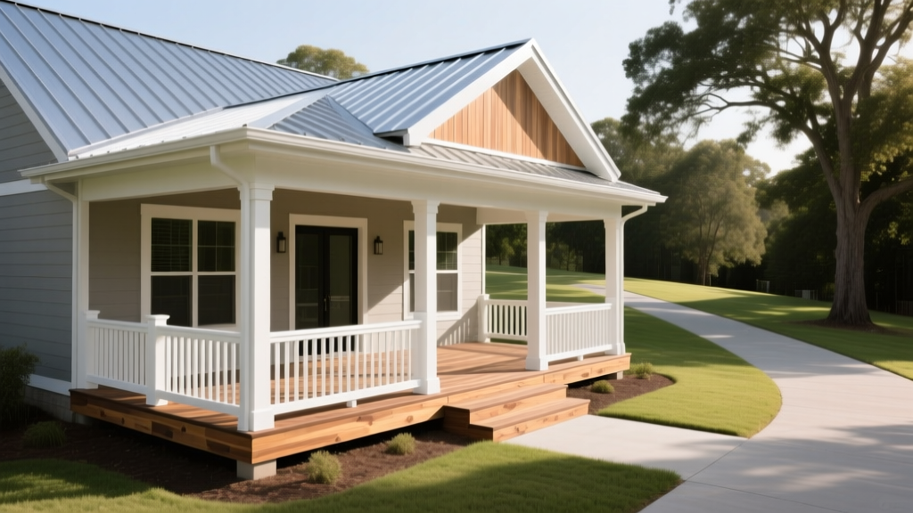 Wide angle view of a newly constructed covered front porch with Trex composite decking, white PVC railings, and a standing seam metal roof