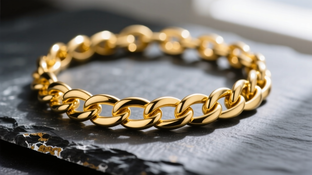 Macro shot of an 18k yellow gold vermeil chain link necklace on dark slate, highlighting the rich luster and sterling silver base at a worn edge.