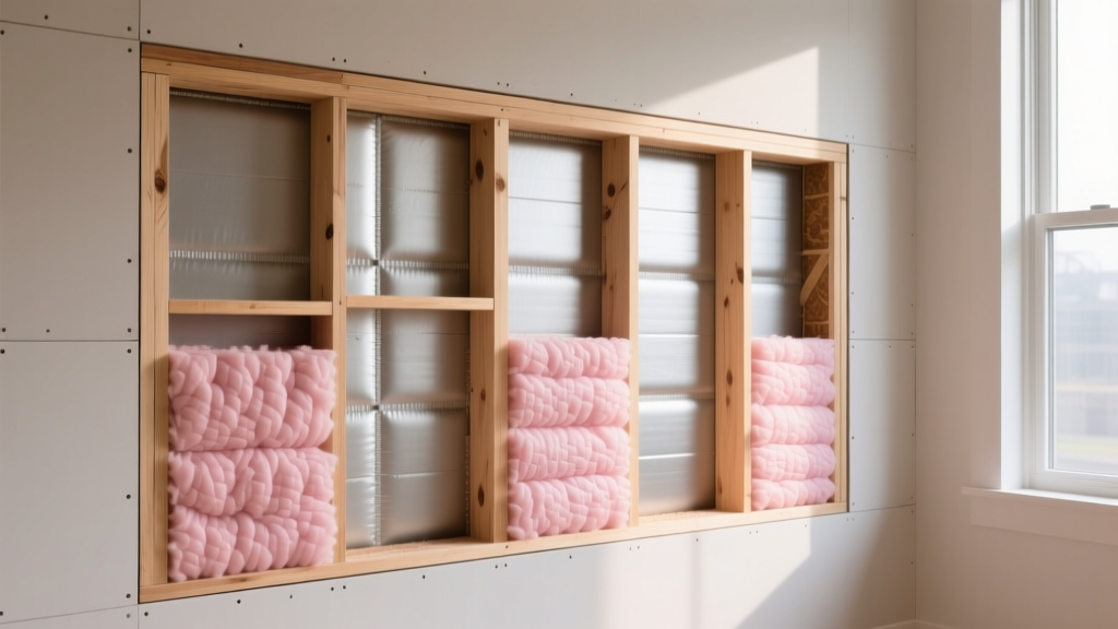 Cross-section of a modern wood-framed wall cavity revealing pink fiberglass batts and rigid polyiso foam boards installed behind drywall
