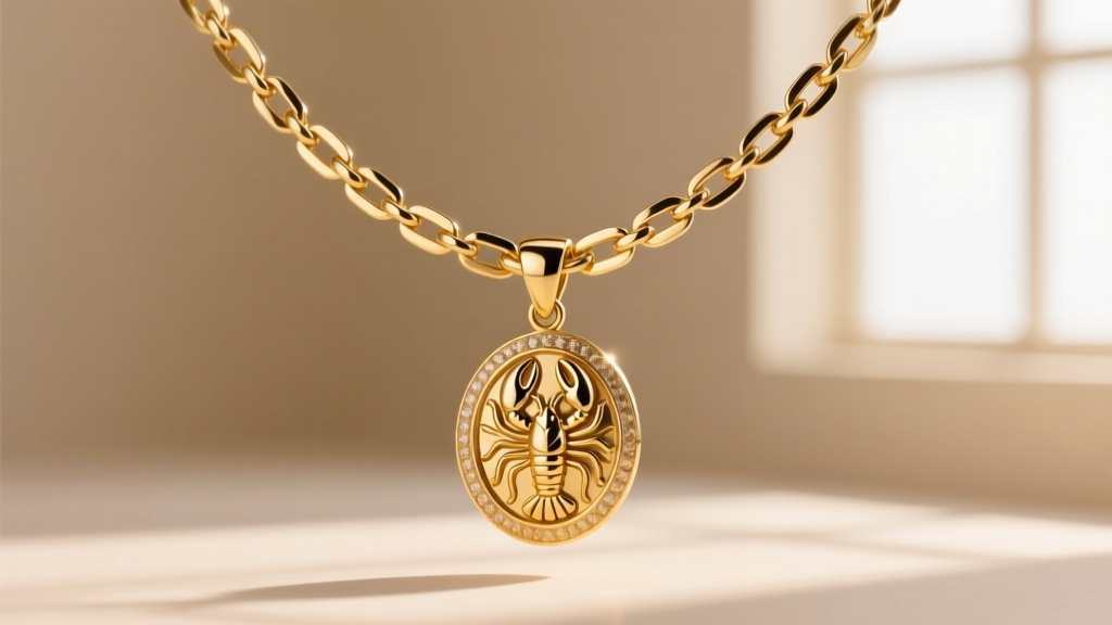 14k yellow gold Figaro chain holding a heavy Mary pendant, showing a polished lobster clasp against a soft neutral studio backdrop.
