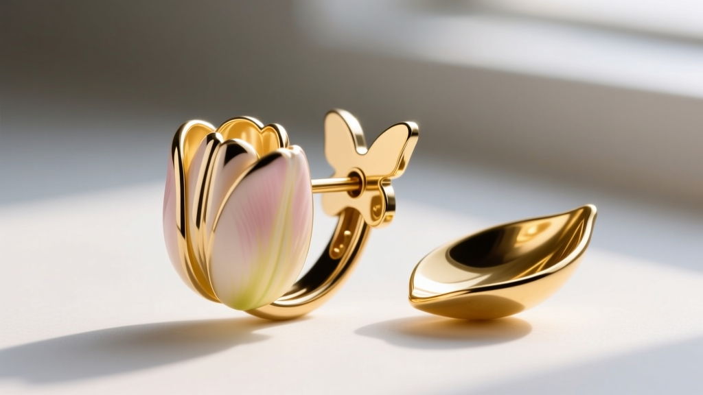 Macro shot of a tulip earring post showing 20-gauge thickness and butterfly clutch backing next to a polished gold enamel petal