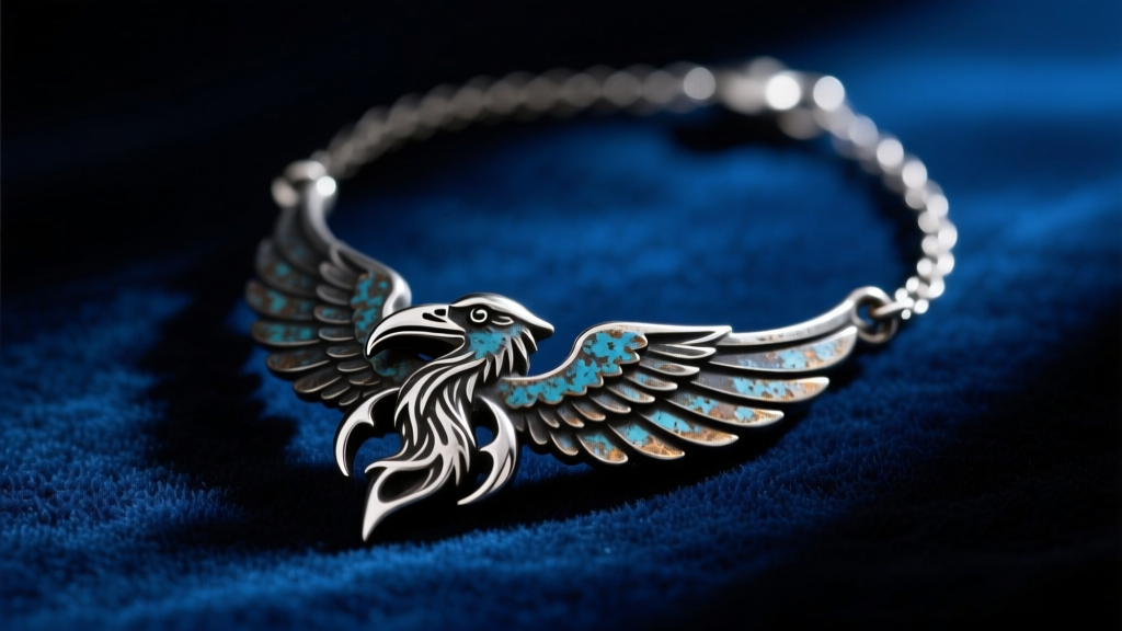 Close-up of an oxidized sterling silver ravenclaw necklace resting on dark blue velvet, moody dark academia lighting setup