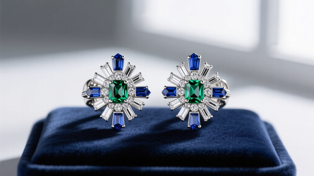 Close-up of platinum art deco bridal earrings featuring emerald-cut diamonds and calibré-cut sapphires on a velvet display pad.