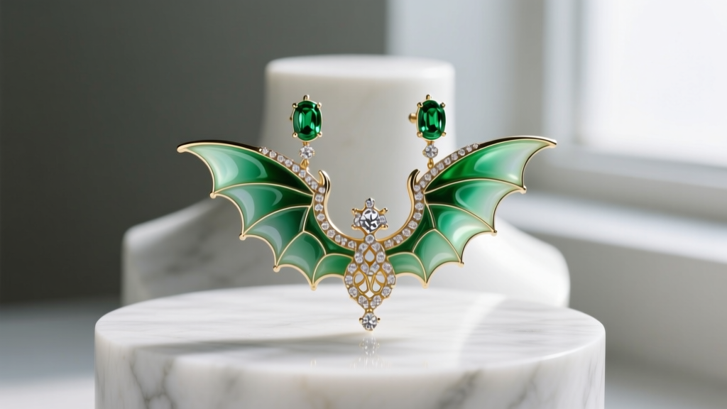 Elegant drop earrings featuring a green plique-à-jour enamel dragon wing with diamond accents, displayed on a marble jewelry bust.