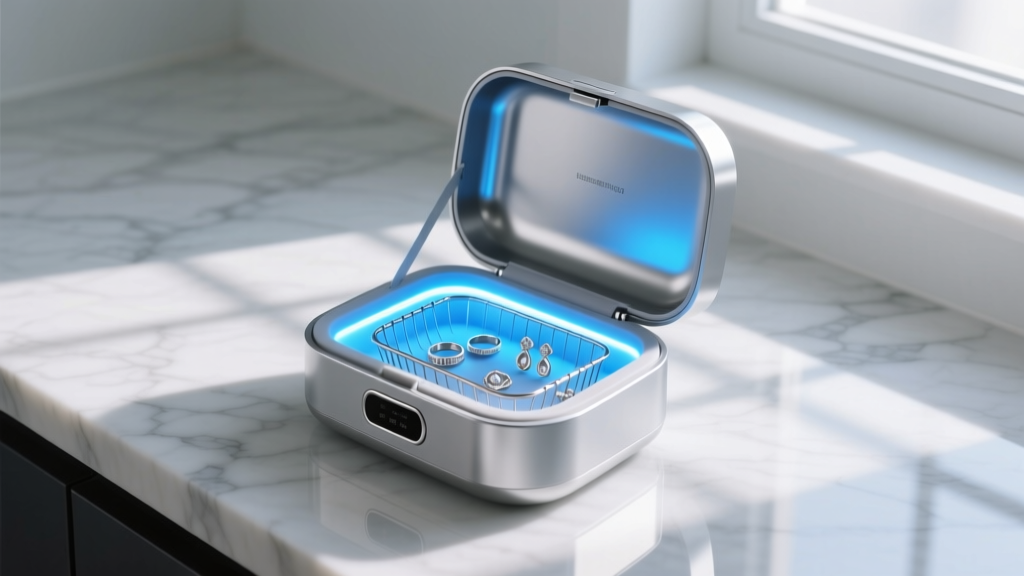 Silver jewelry ultrasonic cleaner on a marble counter, lid open showing a glowing blue LED interior and a small wire basket