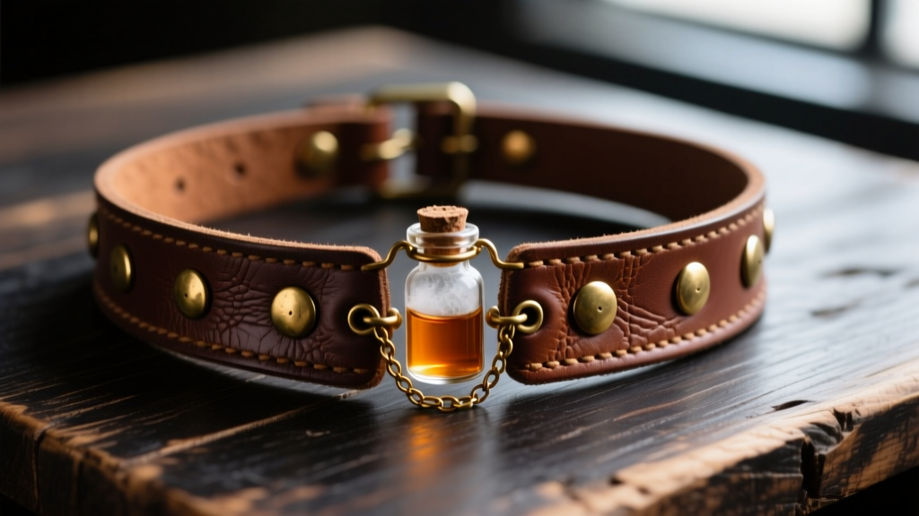 Close-up of thick veg-tan leather steampunk choker with brass rivets and a glass vial pendant on a dark wood table