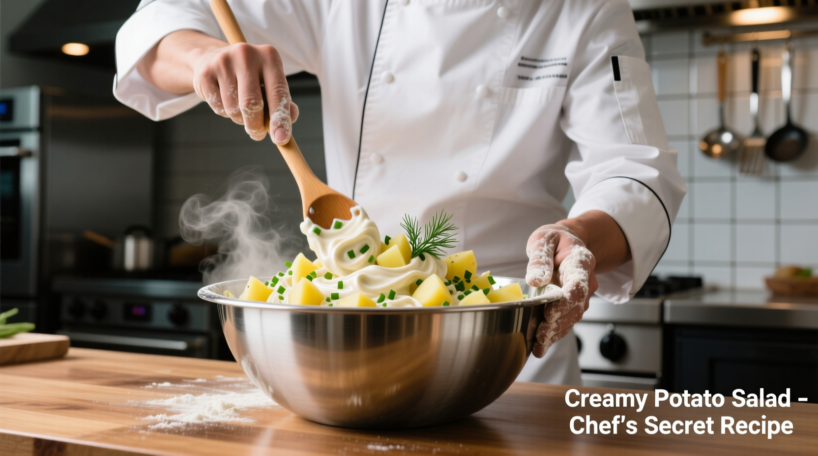 Chef mixing creamy potato salad in stainless bowl