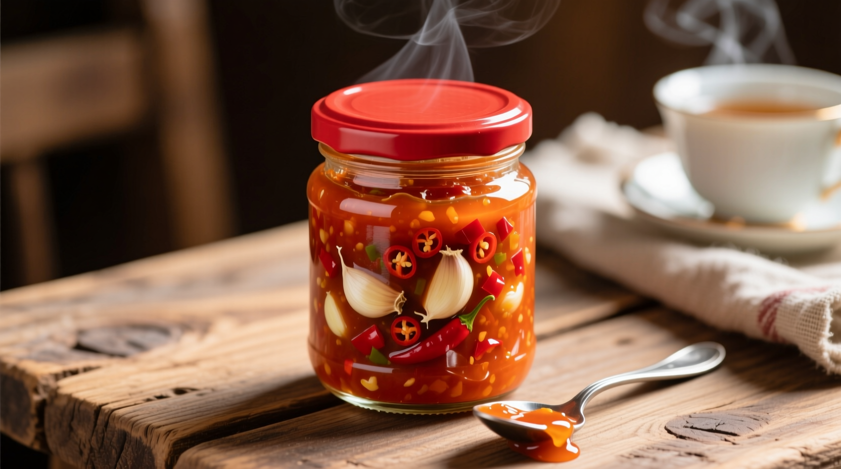 Homemade chile garlic sauce in glass jar