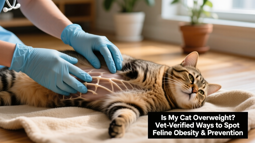 Close-up photo of hands gently palpating a cat's ribcage to demonstrate proper technique for assessing body condition