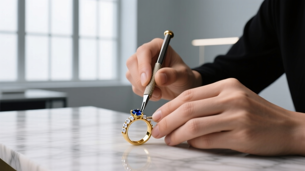 Jeweler's loupe examining the 925 sterling hallmark stamped on the back of an Art Deco diamond and sapphire brooch jewelry piece