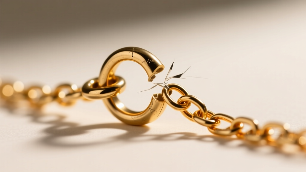 Extreme close-up of a 10mm brass spring ring clasp failing to close properly on a thin 0.8mm gold cable chain necklace