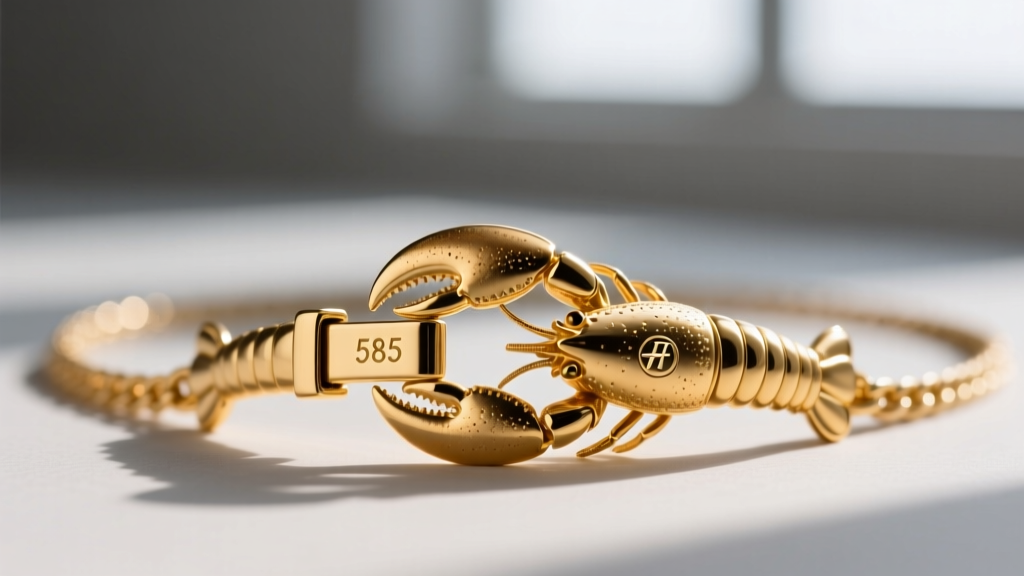 Extreme close-up of a gold necklace lobster clasp showing a faint 585 stamp and a small manufacturer trademark next to it