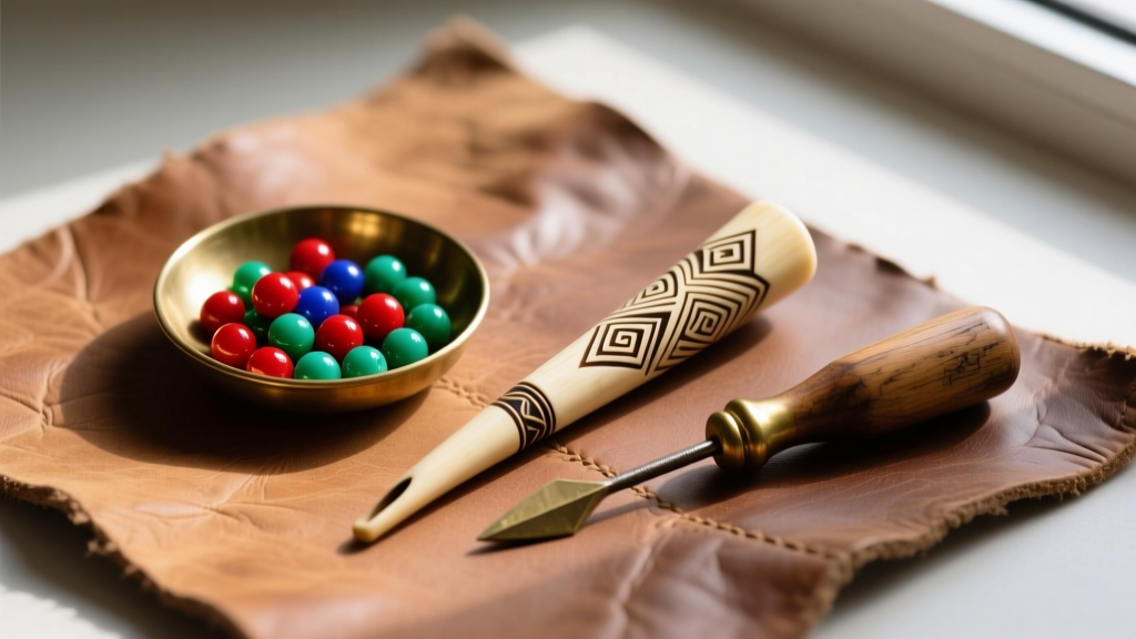 Flat lay of Indigenous beadwork tools including size 11 Czech seed beads, carved bone hairpipes, and an awl on worn leather.