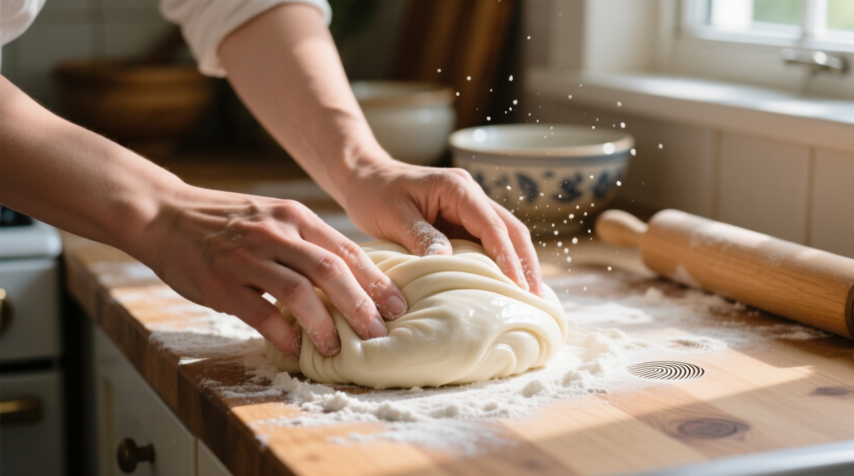Hands kneading smooth homemade fondant on counter