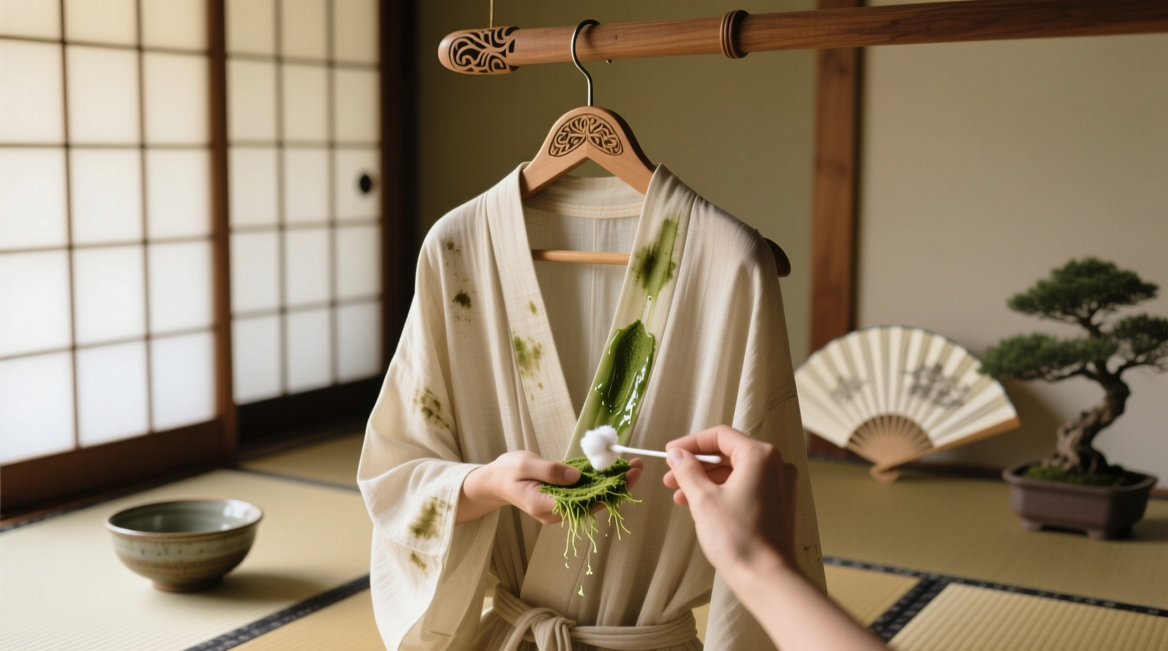 how to remove dried matcha stain from bamboo fiber robe