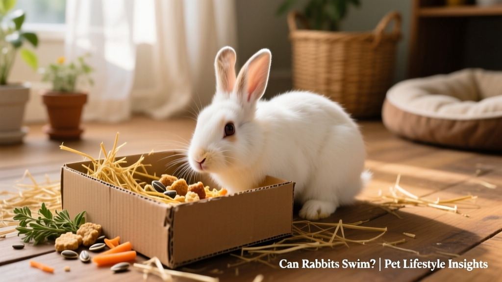 Rabbit exploring a cardboard dig box filled with hay and visible treat pieces