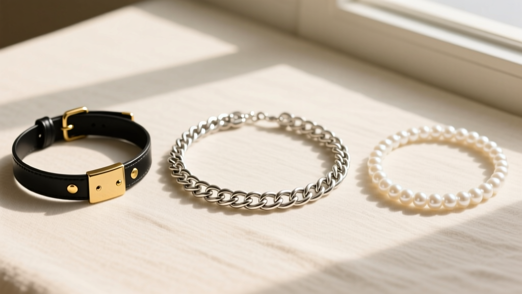 Flat lay of three chokers: a woven 925 sterling silver chain, a black leather band with gold hardware, and a white pearl strand.