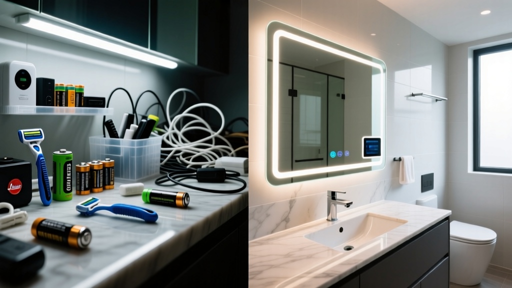 Split-screen comparison showing a cluttered bathroom counter with cheap battery gadgets versus a sleek modern smart mirror and touchless faucet setup