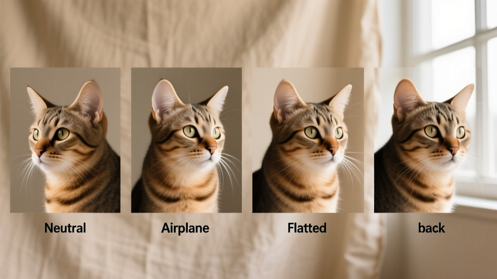 Side-by-side comparison showing four distinct ear positions: neutral, forward-alert, airplane, and flattened-back—with clear labels