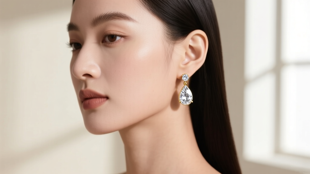 Woman wearing delicate white gold hanging diamond earrings with pear-shaped drops, softly lit against a neutral studio backdrop.