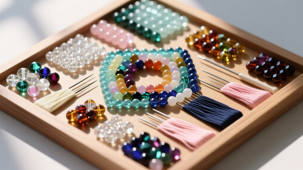 Overhead view of a wooden bead board filled with organized glass seed beads in varying sizes, alongside beading needles and thread