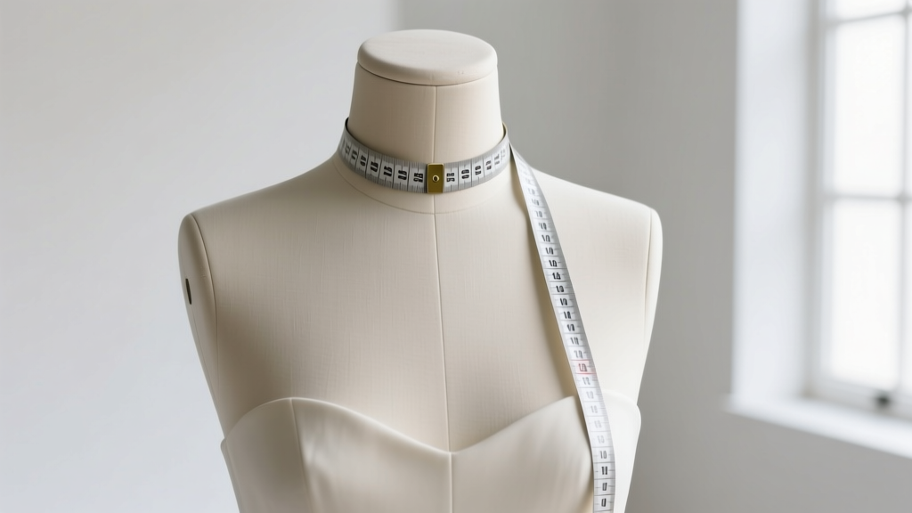 Measuring tape on a plaster dress form neck, highlighting clavicle and sternum landmarks for precise women necklace length sizing.