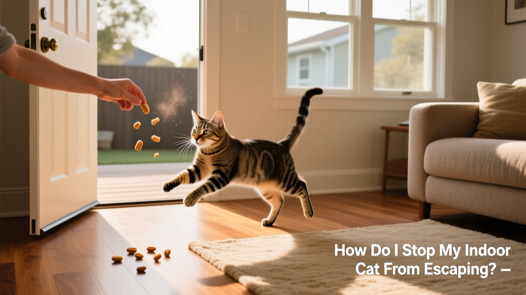 Hand tossing treats across the living room floor while cat chases them away from the front door