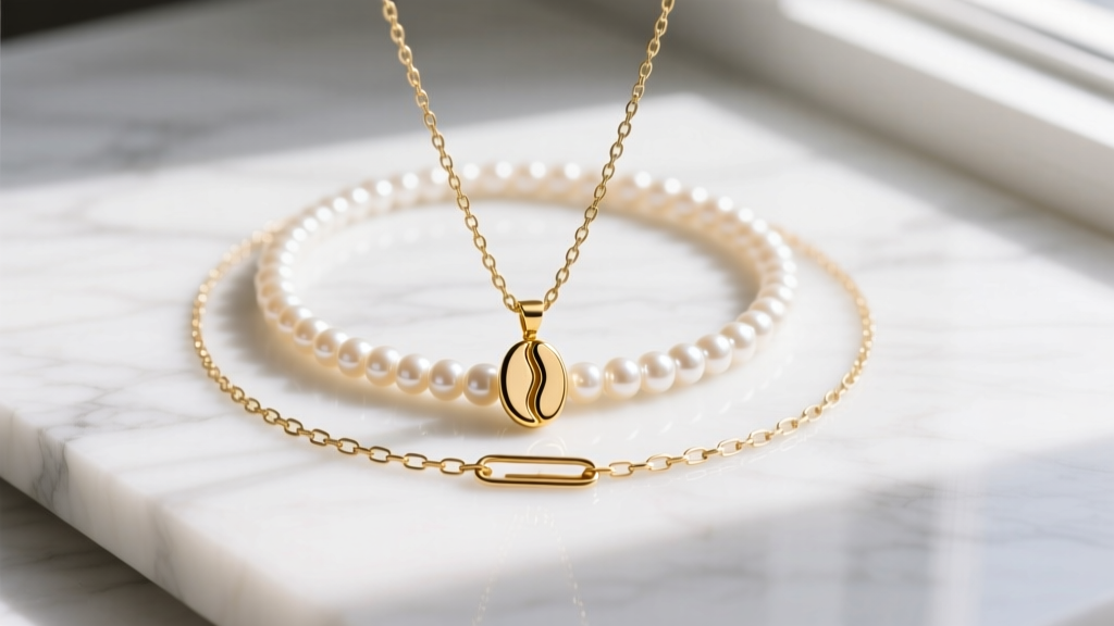 Flat lay of a layered necklace stack with a gold coffee bean pendant, a pearl choker, and a paperclip chain on white marble