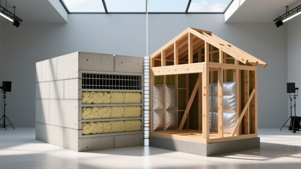 Architectural cross-section comparing insulated concrete form walls and traditional wood stud framing in bright daylight.