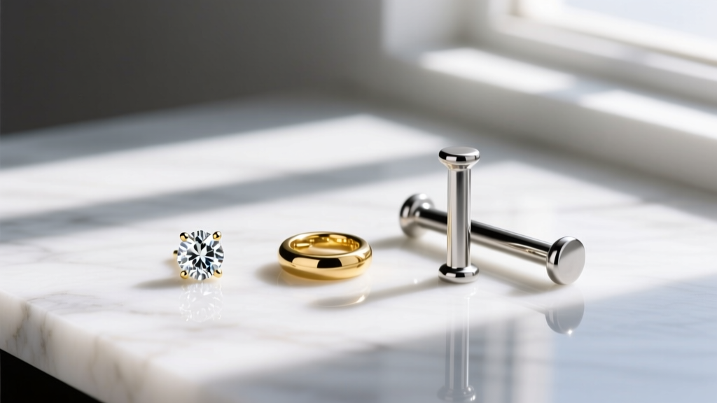 A diamond stud, small gold hoop, and titanium barbell resting on marble, lit by bright natural sunlight from a window