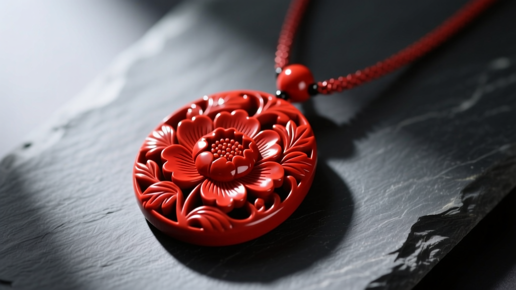 Close-up of a deeply carved red lacquer cinnabar-style pendant necklace featuring intricate peony motifs, resting on dark slate.