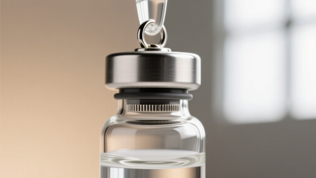 Macro shot of a borosilicate glass pendant vial with a 316L steel cap, highlighting precision threading and a rubber O-ring seal.