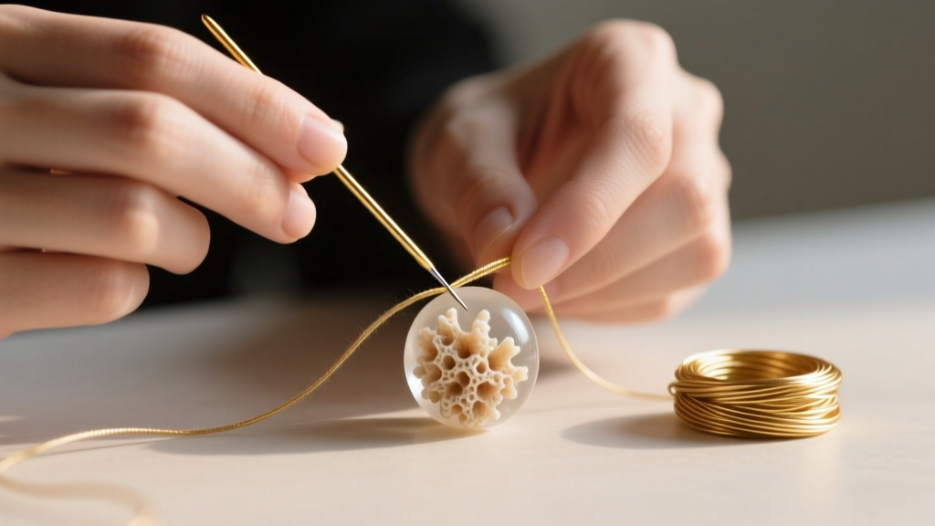 Hands threading size F silk cord through a sponge coral bead with a fine wire needle, gold French wire bullion resting nearby