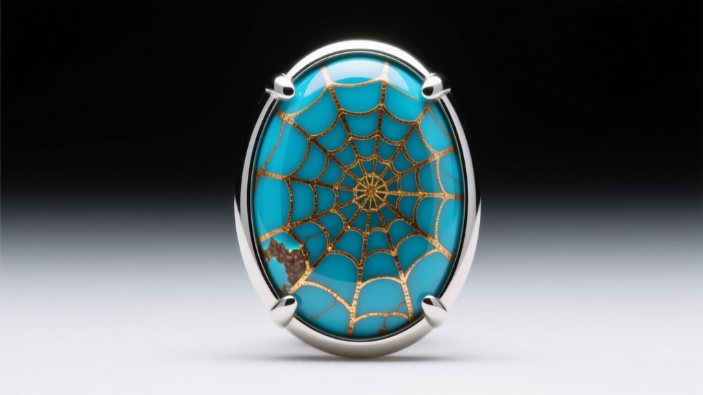 Macro photography of Kingman turquoise cabochon in silver bezel, highlighting golden-brown spiderweb matrix on dark velvet