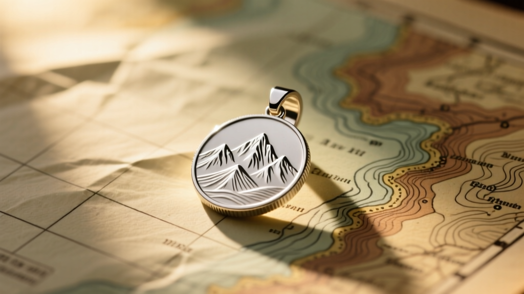 Sterling bezel holding a mountain coin pendant on a weathered topographic map bathed in soft, warm, natural morning sunlight.