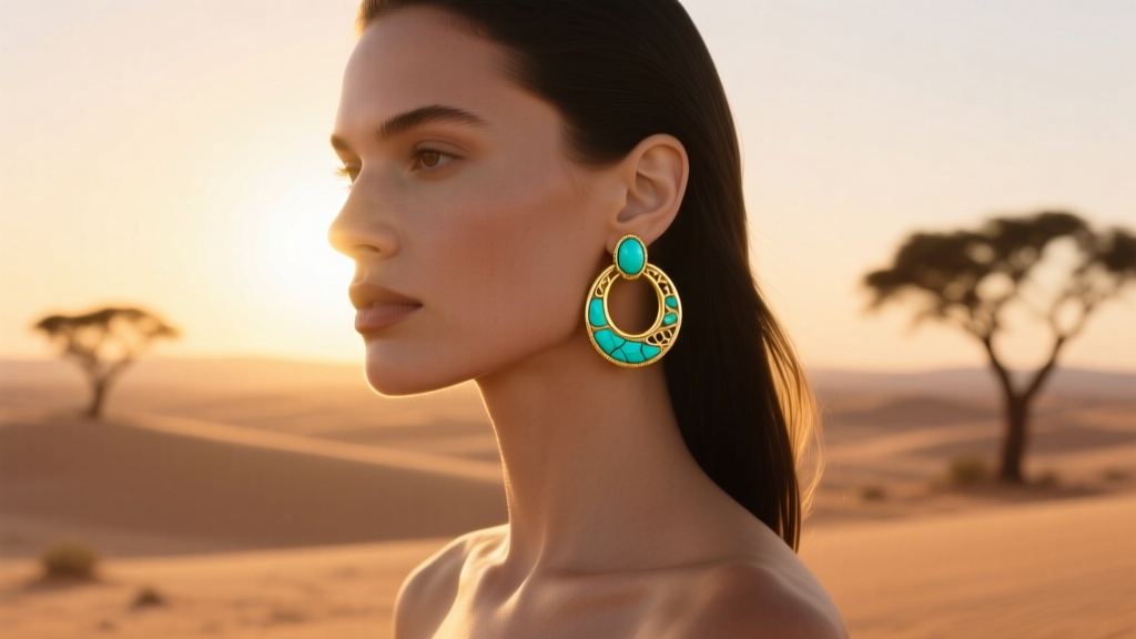 Model wearing 14k yellow gold medium hoops with inlaid Sleeping Beauty turquoise, illuminated by soft, warm desert sunset lighting.