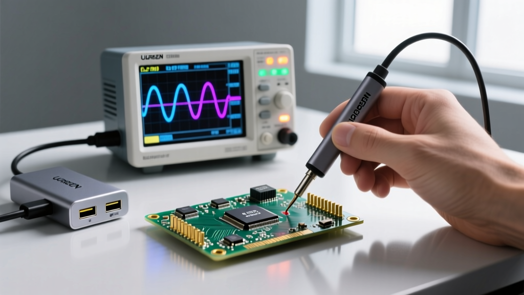 Oscilloscope probing I2C data lines on a DLP3010 evaluation module while a UGREEN USB-C hub routes power from a bench supply.