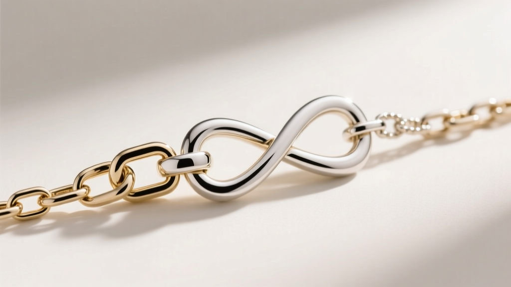 Macro shot of a white gold box chain lobster clasp connecting to an infinity cross bail, highlighting the secure metal mechanism