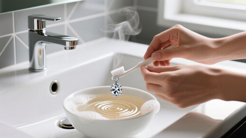 Hands cleaning a high quality cz earring with a soft toothbrush over a bowl of warm soapy water in a bright modern bathroom sink.