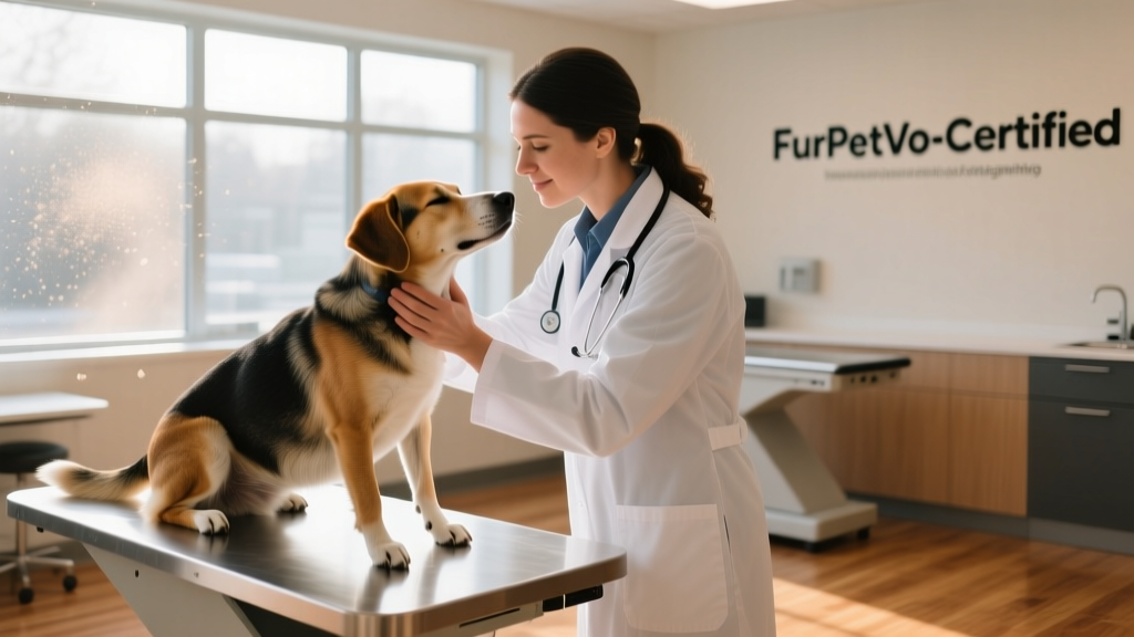 Veterinarian gently examining a calm dog during a routine checkup at a FurPetVo-certified clinic