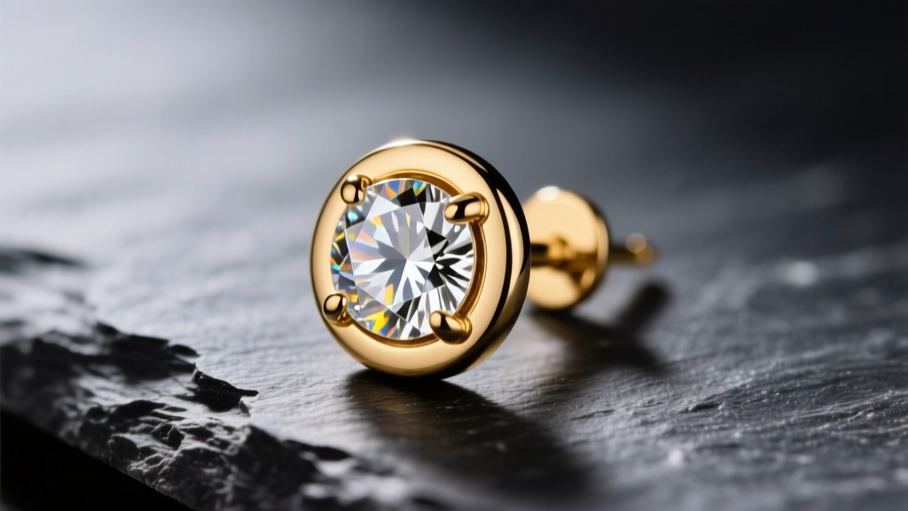 Close-up of a 14k gold bezel-set diamond stud earring on dark slate, showing metal polish and gem clarity in soft studio light